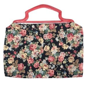 Vintage Black Floral Tapestry Knitting Bag Needlework Tote Coral Lucite Handles